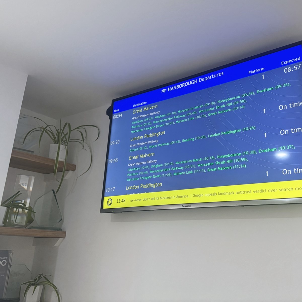 In info screen showing train departure times from Hanborough station.